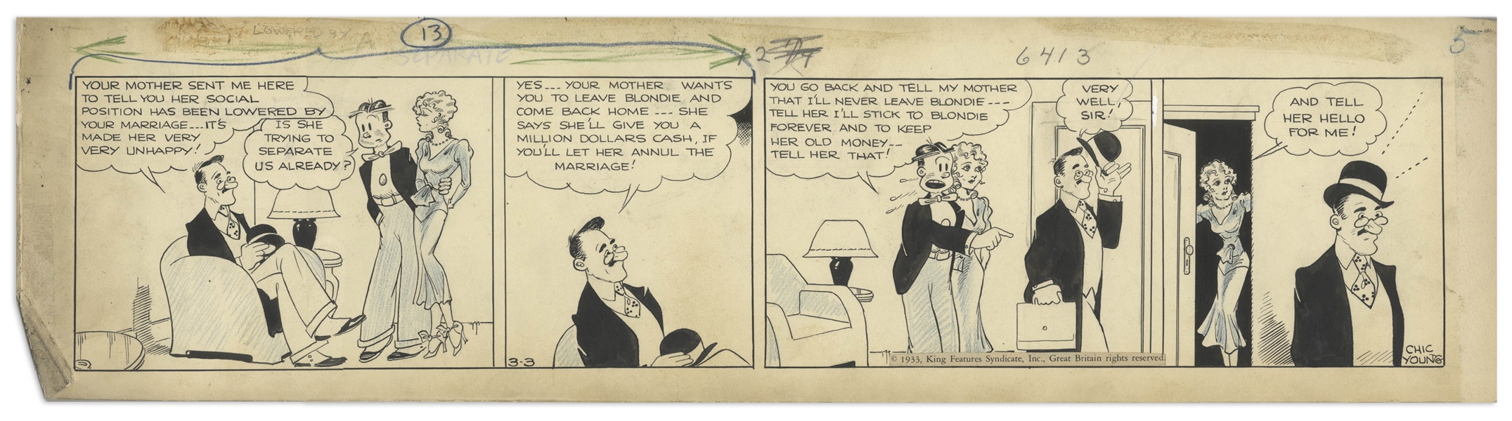 Chic Young Hand-Drawn ''Blondie'' Comic Strip From 1933 Titled ''Friendly Enemy'' -- Dagwood's Parents Want to Annul His Marriage to Blondie